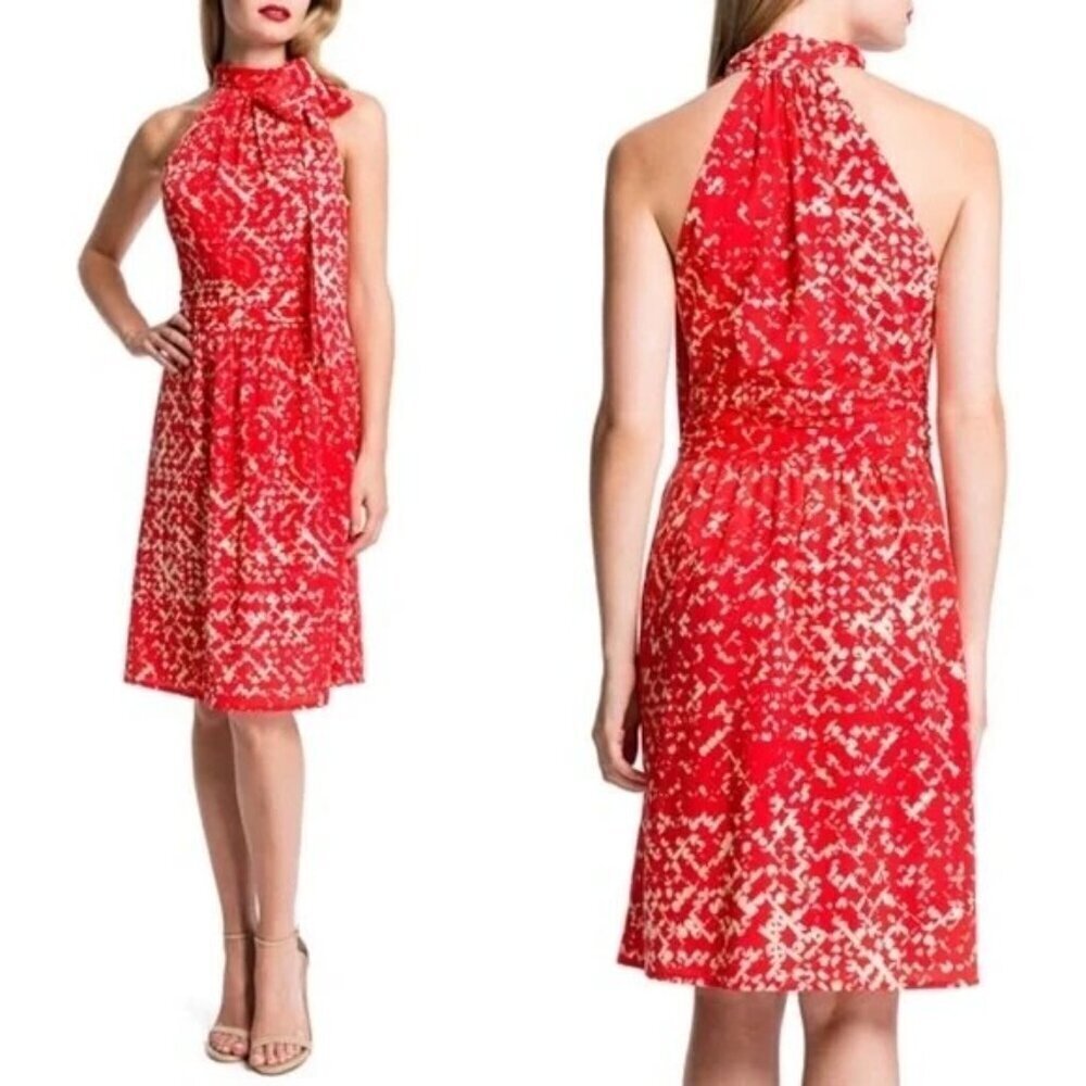 Cynthia Steffe Red White Halter Tie Neck Dress, Size 4 - Picture 4 of 10